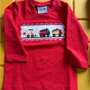 Delaney Red Long-Sleeve Smocked Trucks Kids Top